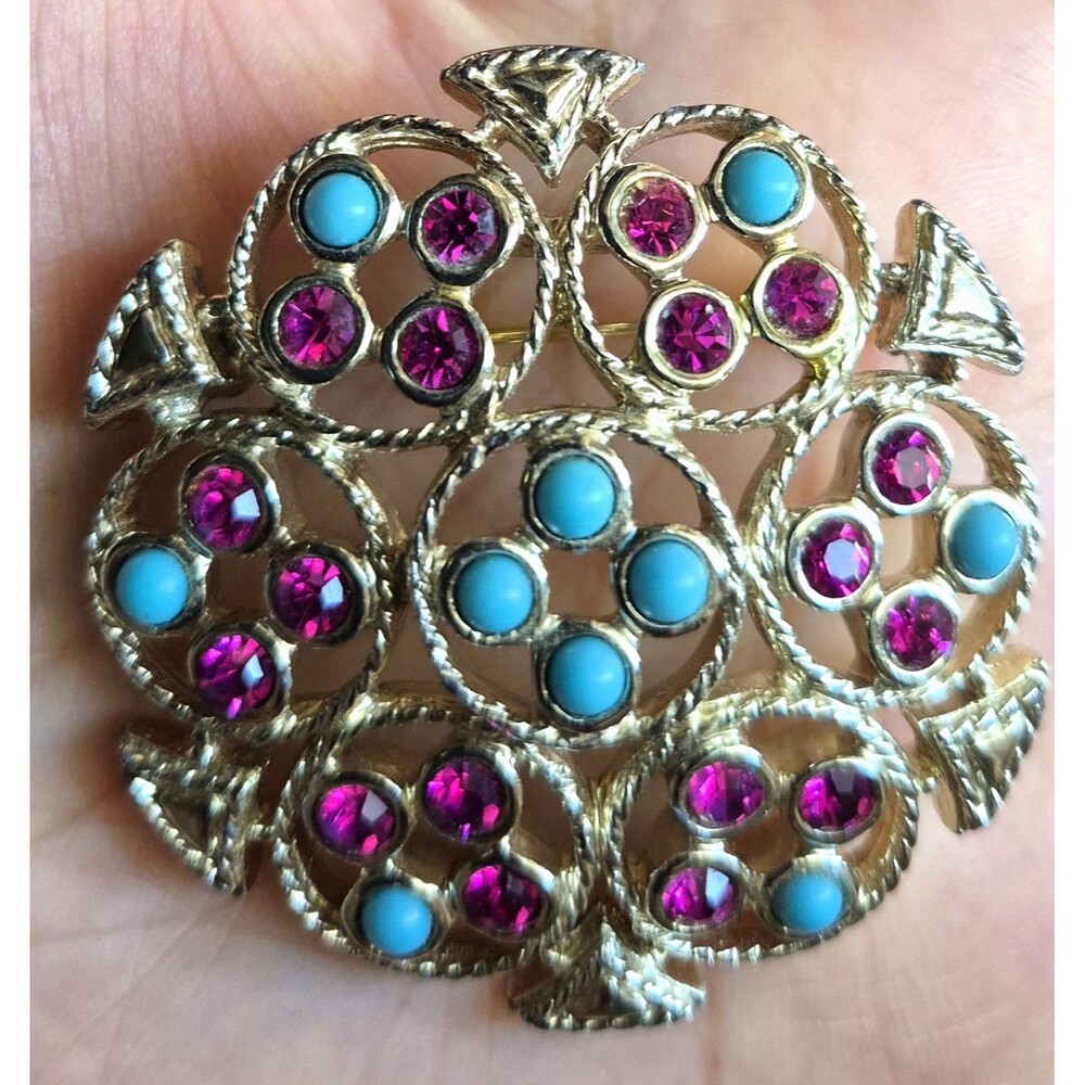 Sarah Coventry Ceylon Brooch Turquoise Blue Cabs Purple Rhinestones Silver Pin